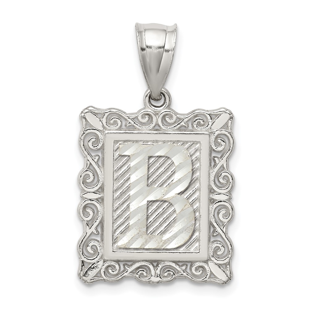 Sterling Silver Square Diamond-cut Letter B Initial Pendant (QC2770B)