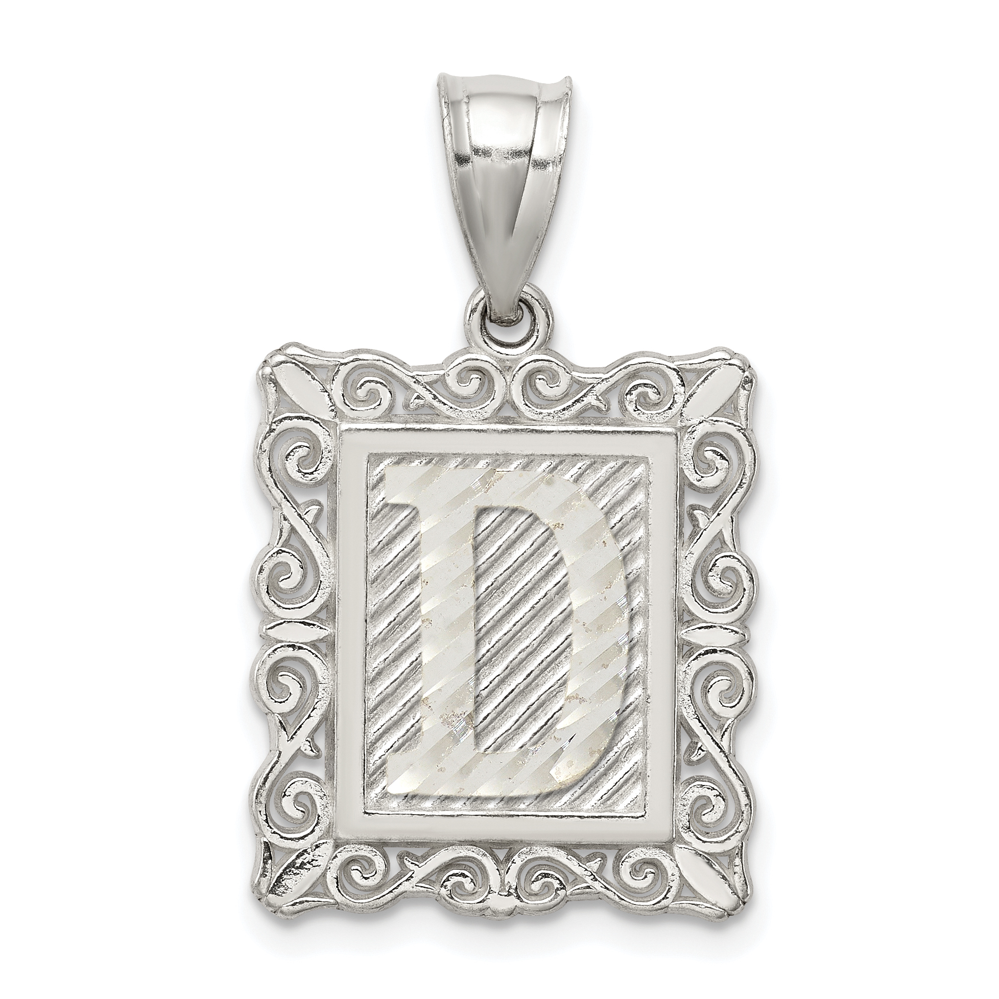 Sterling Silver Square Diamond-cut Letter D Initial Pendant (QC2770D)