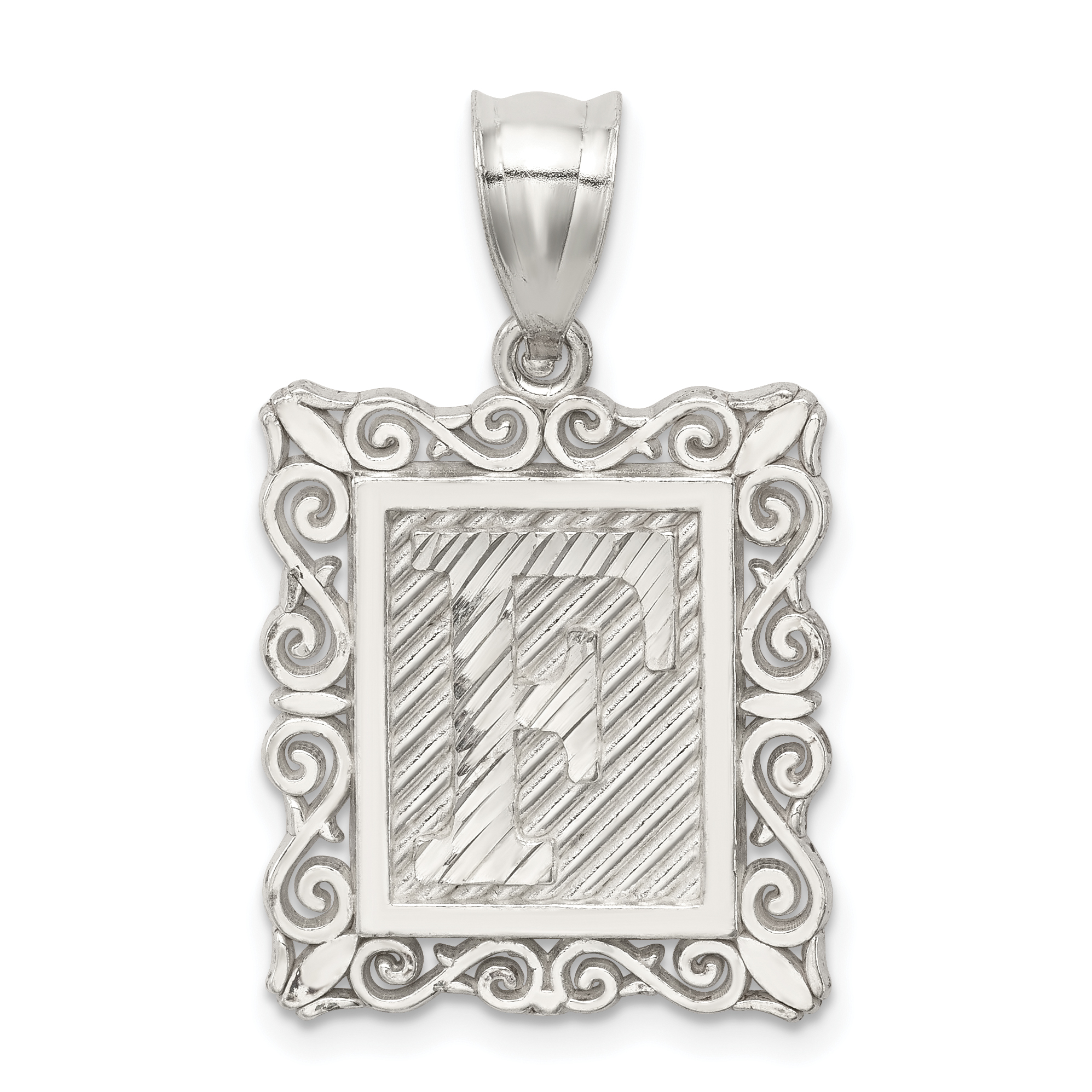Sterling Silver Square Diamond-cut Letter F Initial Pendant (QC2770F)