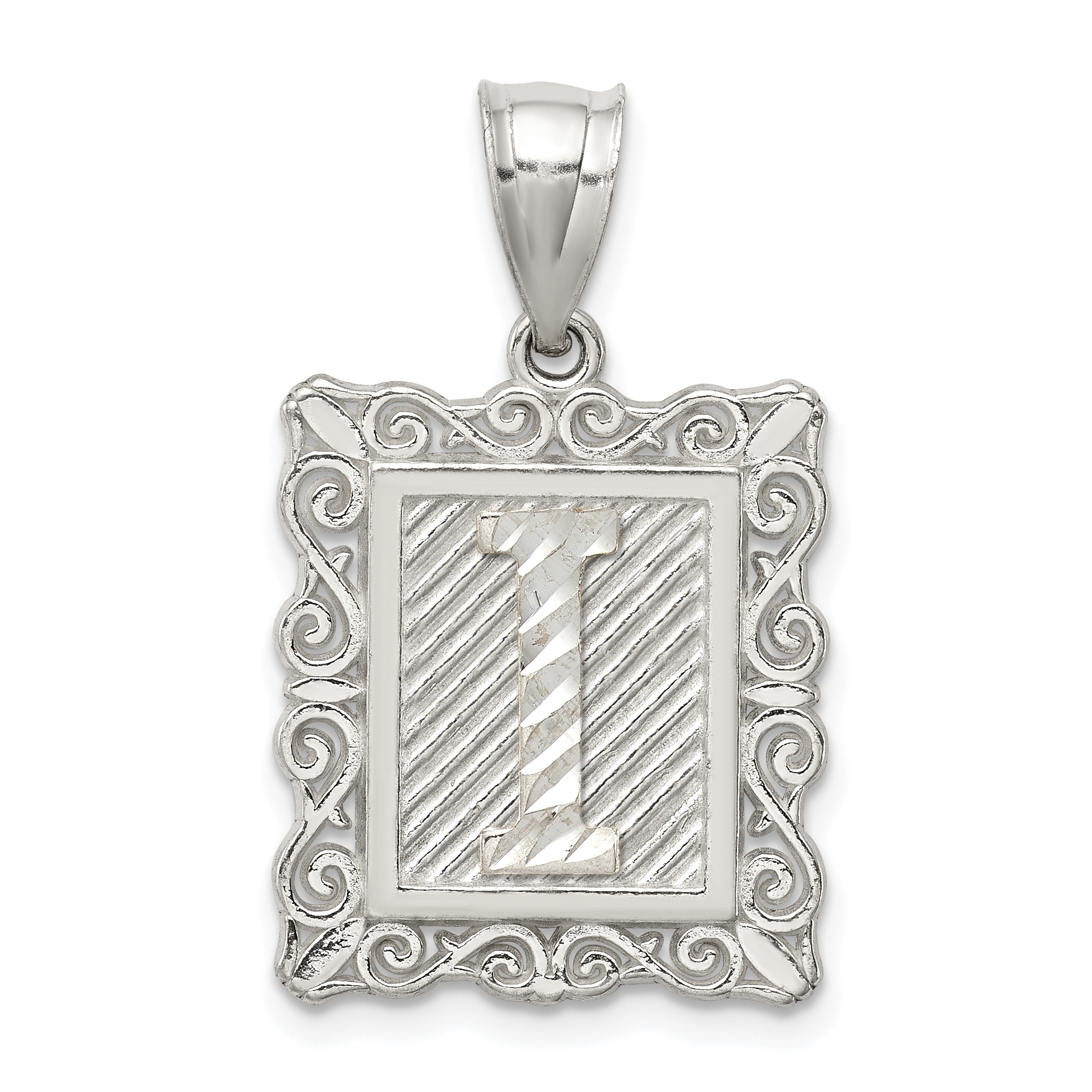 Sterling Silver Square Diamond-cut Letter I Initial Pendant (QC2770I)