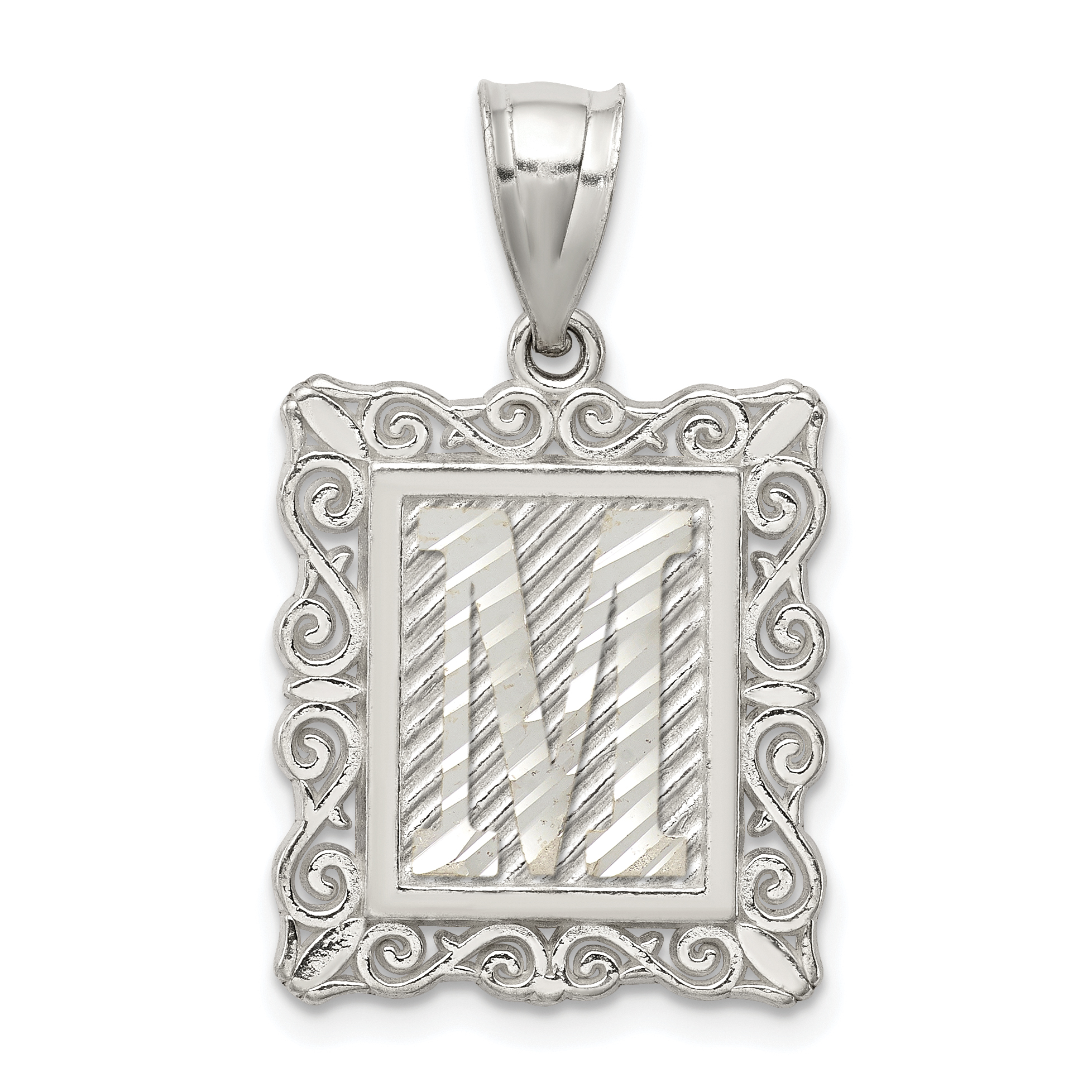 Sterling Silver Square Diamond-cut Letter M Initial Pendant (QC2770M)
