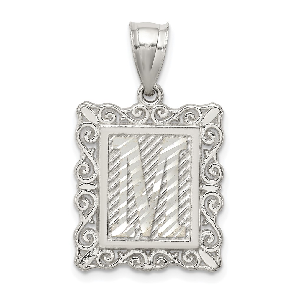 Sterling Silver Square Diamond-cut Letter M Initial Pendant (QC2770M)