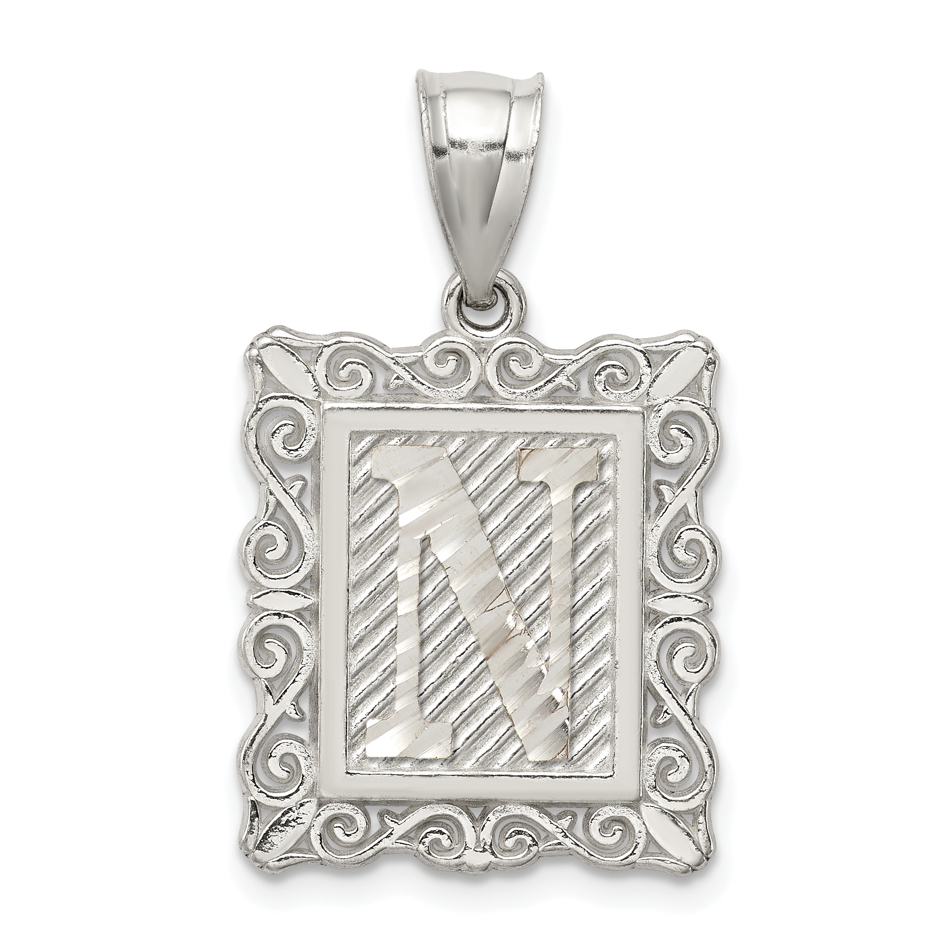 Sterling Silver Square Diamond-cut Letter N Initial Pendant (QC2770N)