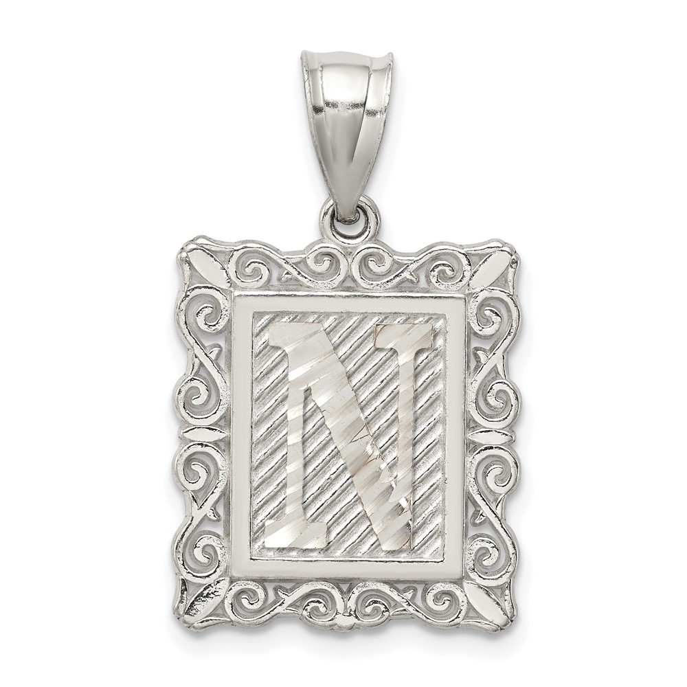 Sterling Silver Square Diamond-cut Letter N Initial Pendant (QC2770N)