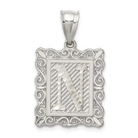 Sterling Silver Square Diamond-cut Letter N Initial Pendant view 1