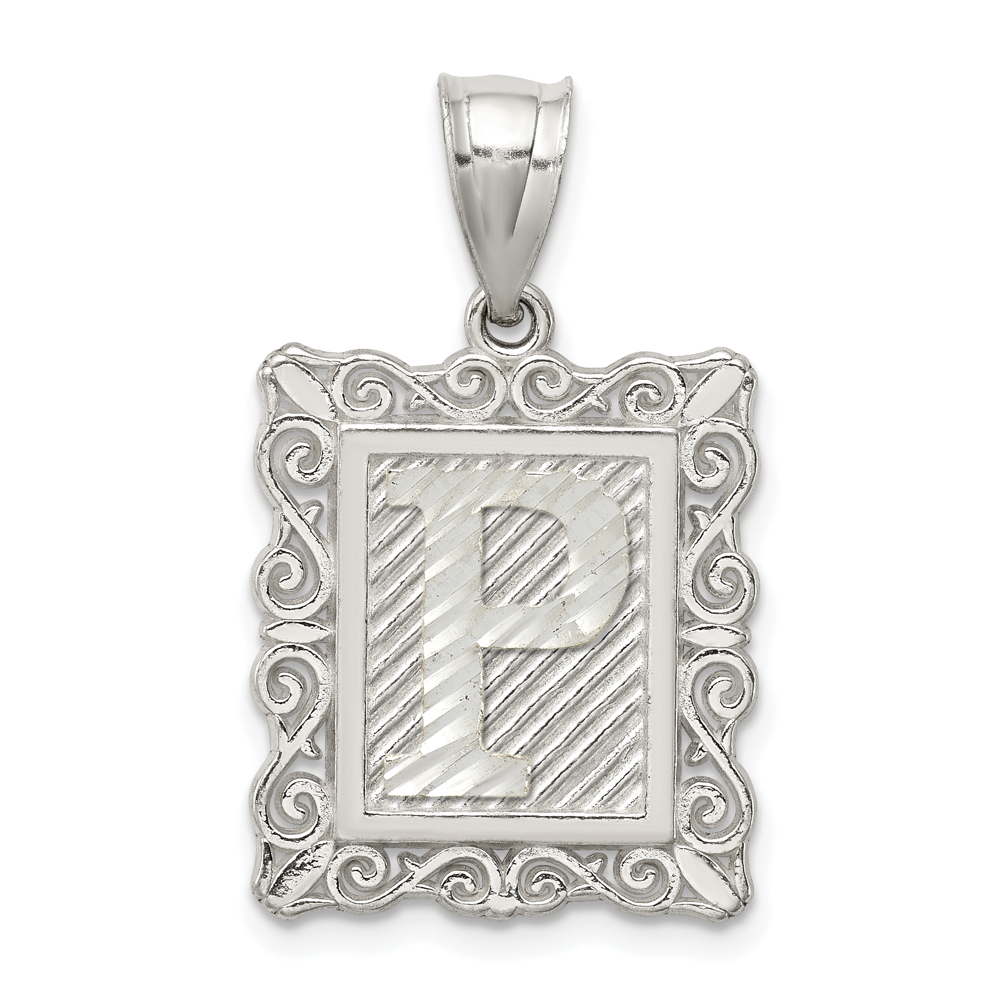 Sterling Silver Square Diamond-cut Letter P Initial Pendant (QC2770P)