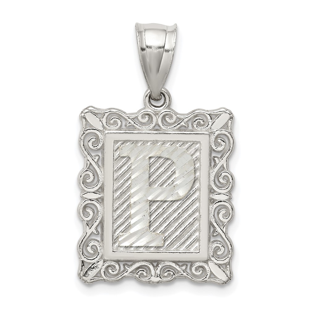 Sterling Silver Square Diamond-cut Letter P Initial Pendant (QC2770P)