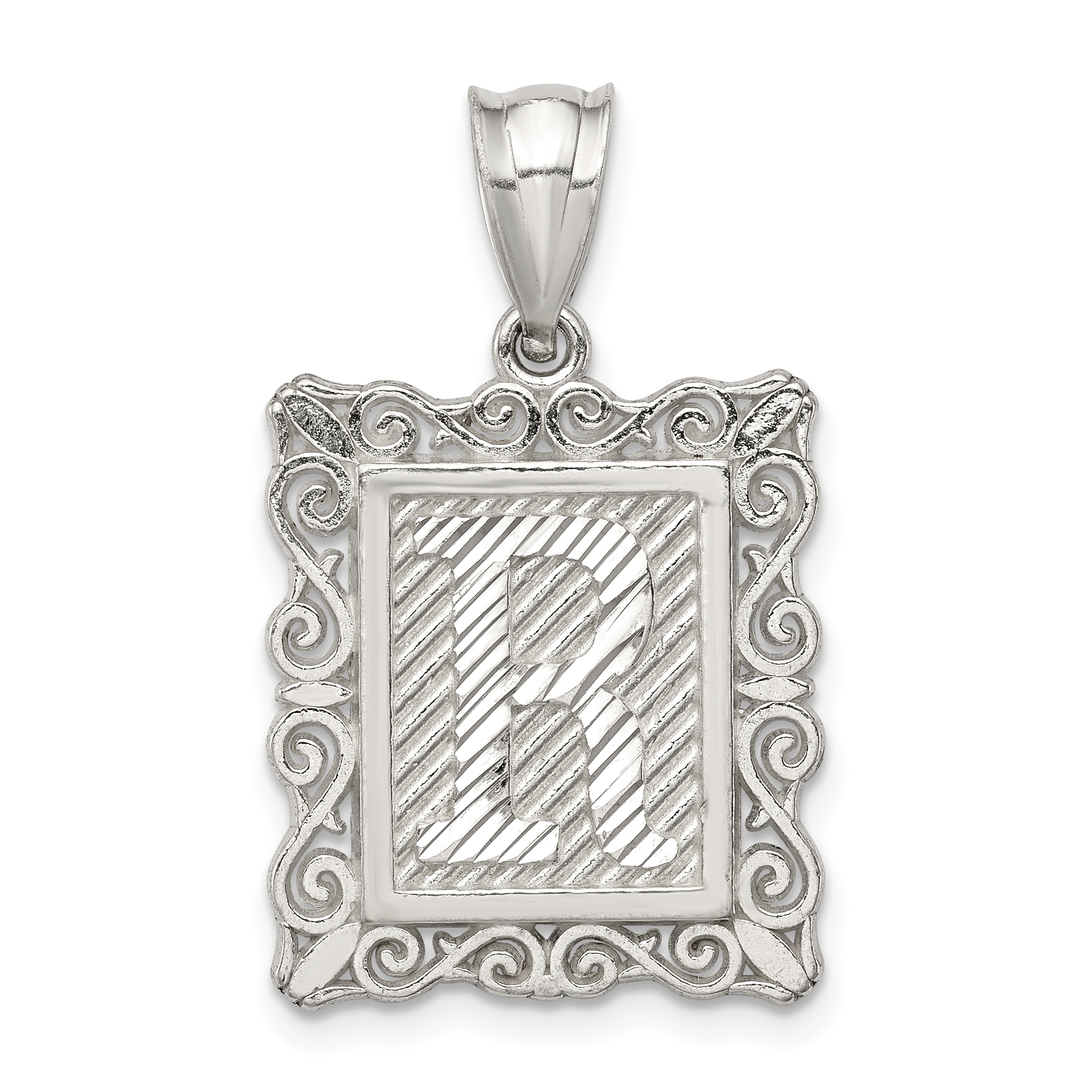 Sterling Silver Square Diamond-cut Letter R Initial Pendant (QC2770R)