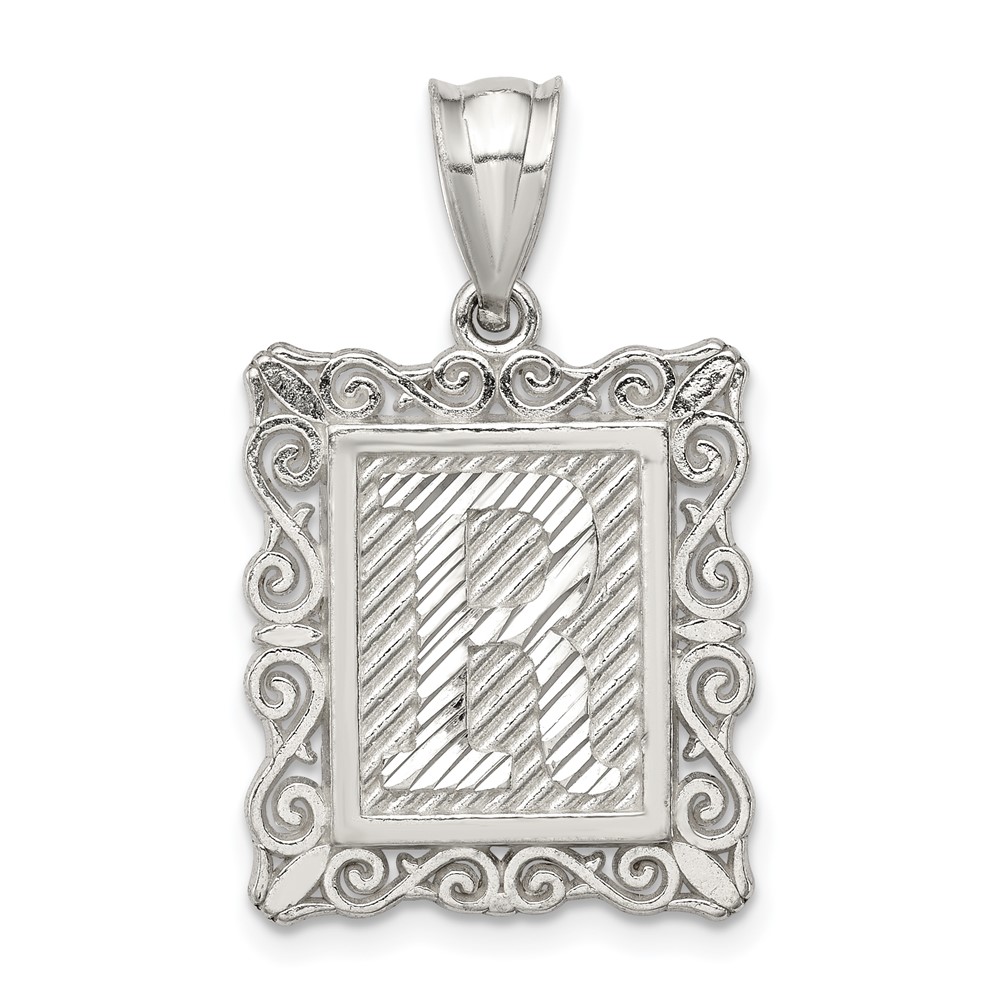 Sterling Silver Square Diamond-cut Letter R Initial Pendant (QC2770R)