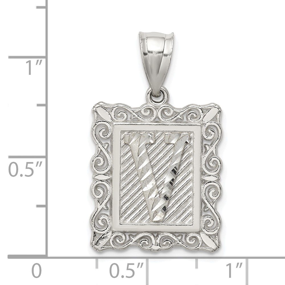 Sterling Silver Square Diamond-cut Letter V Initial Pendant (QC2770V)