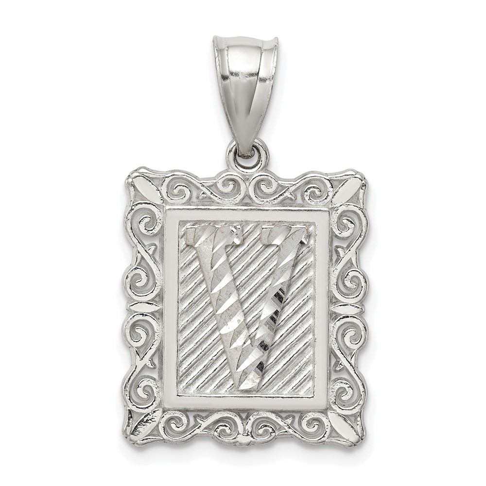 Sterling Silver Square Diamond-cut Letter V Initial Pendant (QC2770V)