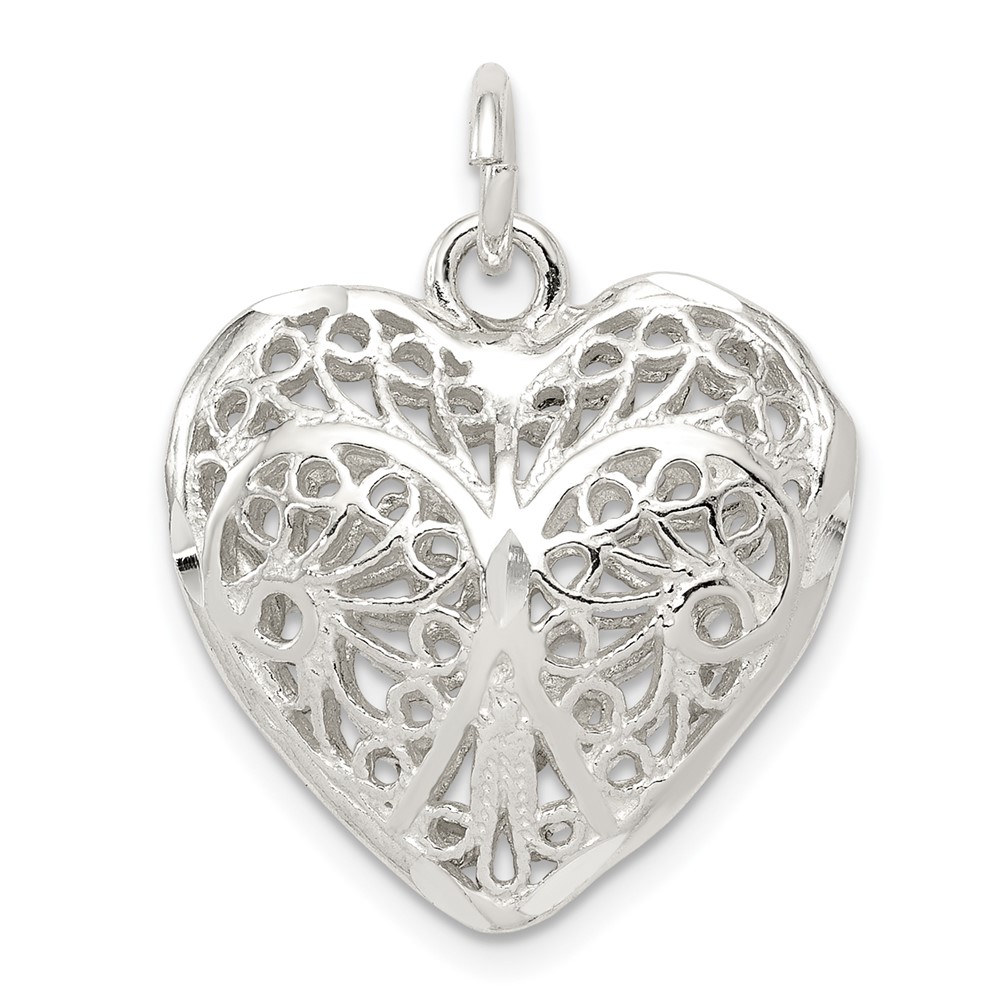 Sterling Silver Fancy Filigree 20mm Puffed Heart Charm