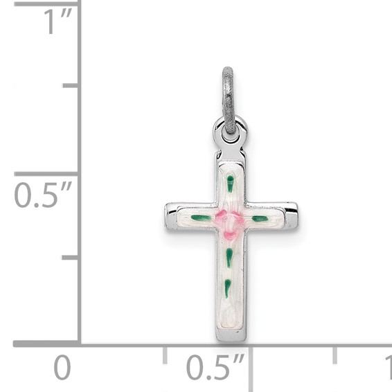 Sterling Silver Platinum-plated Enameled Cross Charm