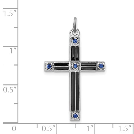 Sterling Silver Platinum-plated Enameled & Blue CZ Cross Pendant
