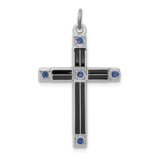 Sterling Silver Platinum-plated Enameled & Blue CZ Cross Pendant