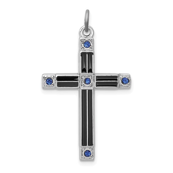 Sterling Silver Platinum-plated Enameled & Blue CZ Cross Pendant