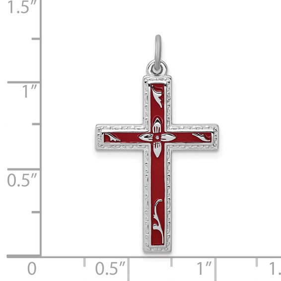 Sterling Silver Platinum-plated Red Enameled Cross Pendant