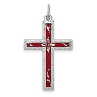 Sterling Silver Platinum-plated Red Enameled Cross Pendant view 1