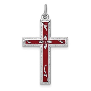 Sterling Silver Platinum-plated Red Enameled Cross Pendant