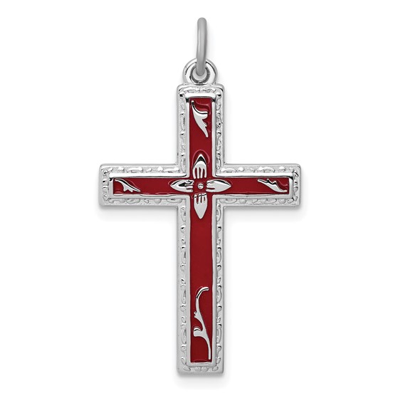 Sterling Silver Platinum-plated Red Enameled Cross Pendant