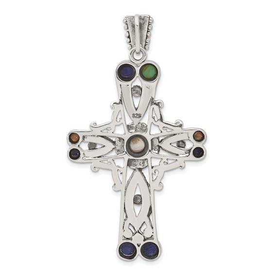 Sterling Silver Marcasite & Multi-color Stone Cross