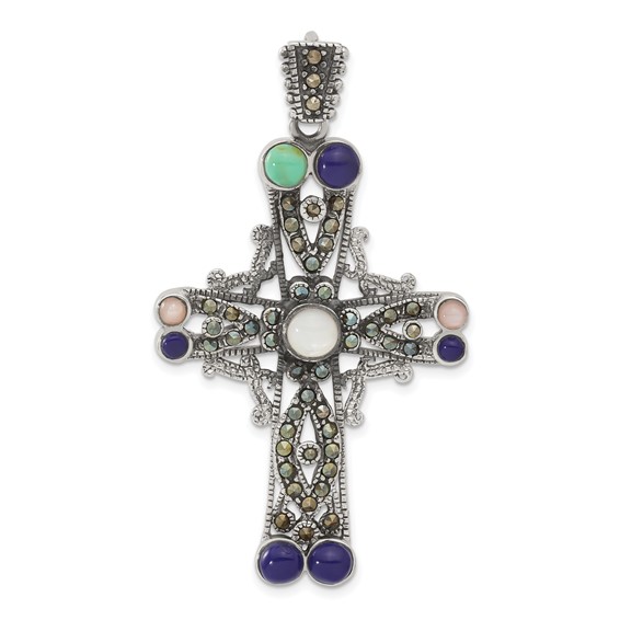 Sterling Silver Marcasite & Multi-color Stone Cross