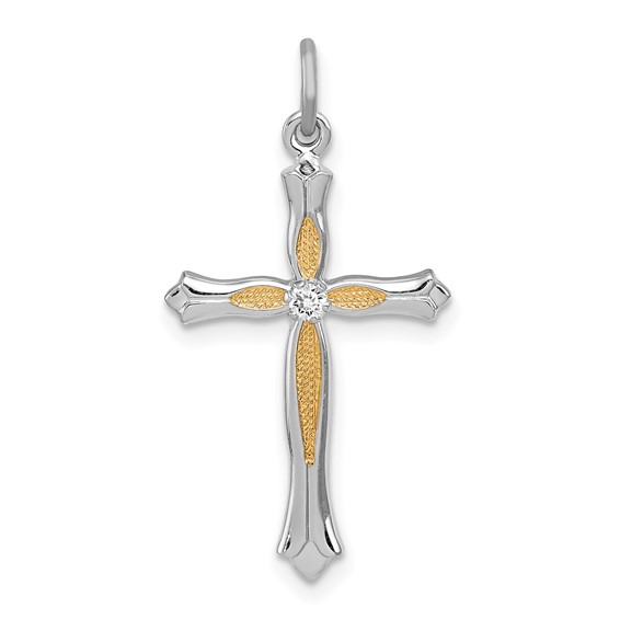 Sterling Silver Platinum-plated & Vermeil CZ Cross Pendant