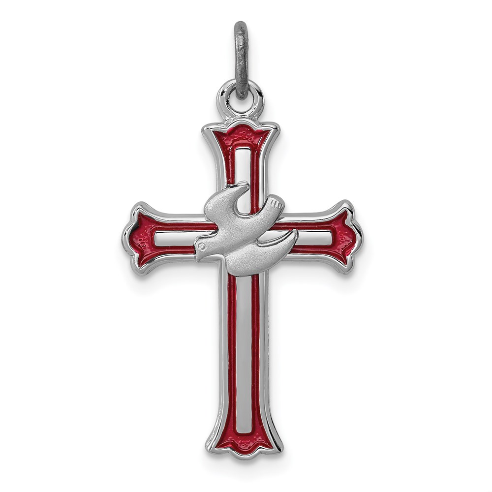 Sterling Silver Rhodium-plated Enameled Cross w/Dove Charm