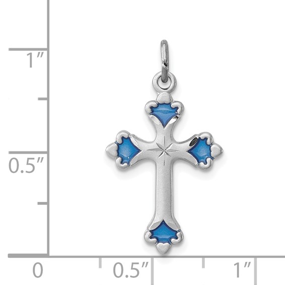 Sterling Silver Platinum-plated Blue Enameled Budded Cross Charm
