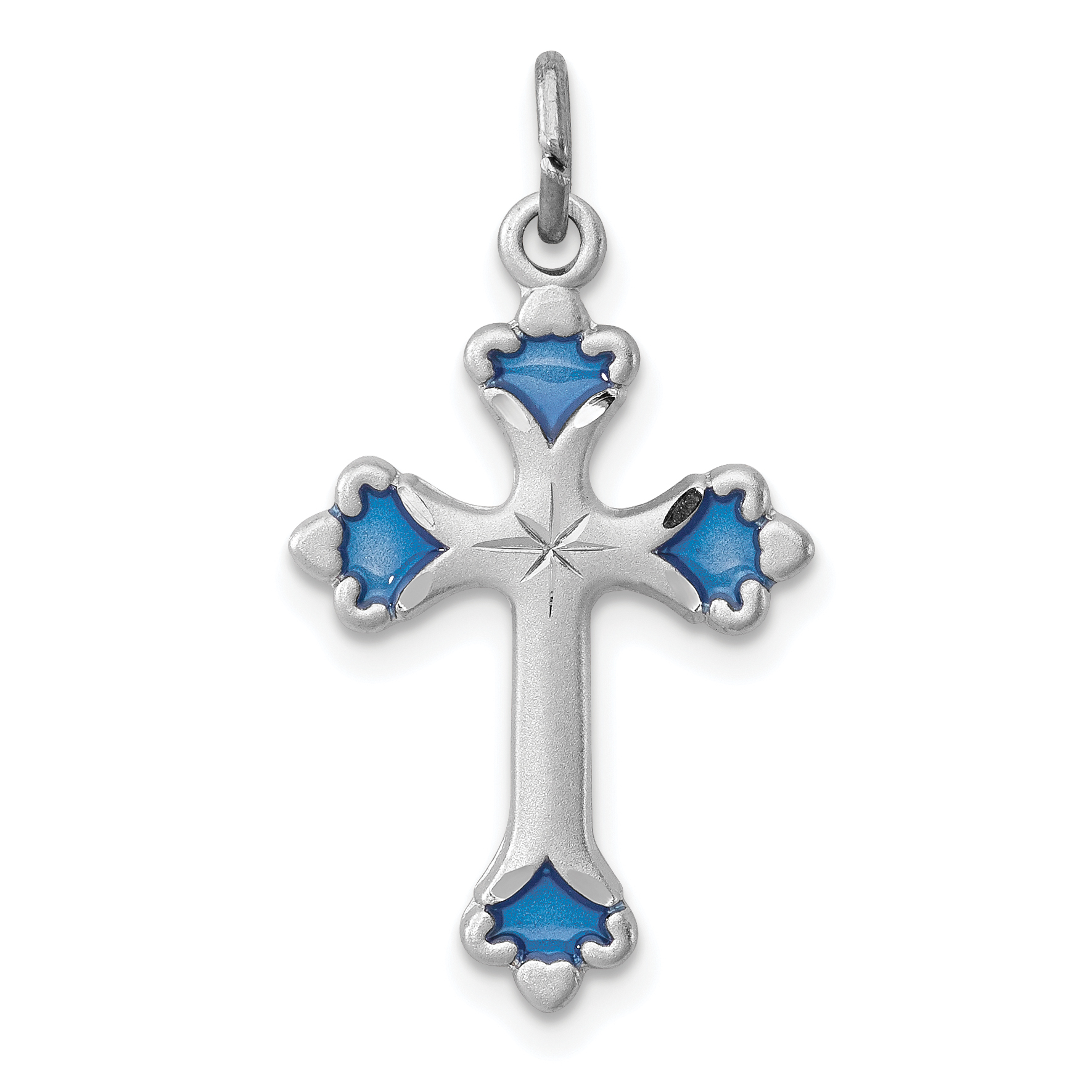Sterling Silver Platinum-plated Blue Enameled Budded Cross Charm (QC3341)