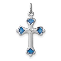 Sterling Silver Platinum-plated Blue Enameled Budded Cross Charm view 1
