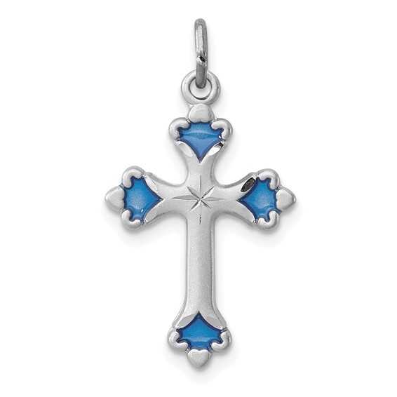 Sterling Silver Platinum-plated Blue Enameled Budded Cross Charm