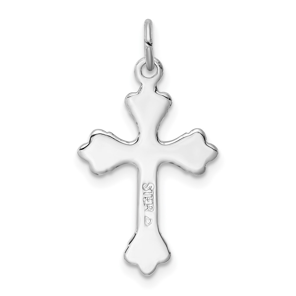 Sterling Silver Platinum-plated Green Enameled Budded Cross Charm (QC3342)