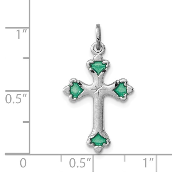 Sterling Silver Platinum-plated Green Enameled Budded Cross Charm