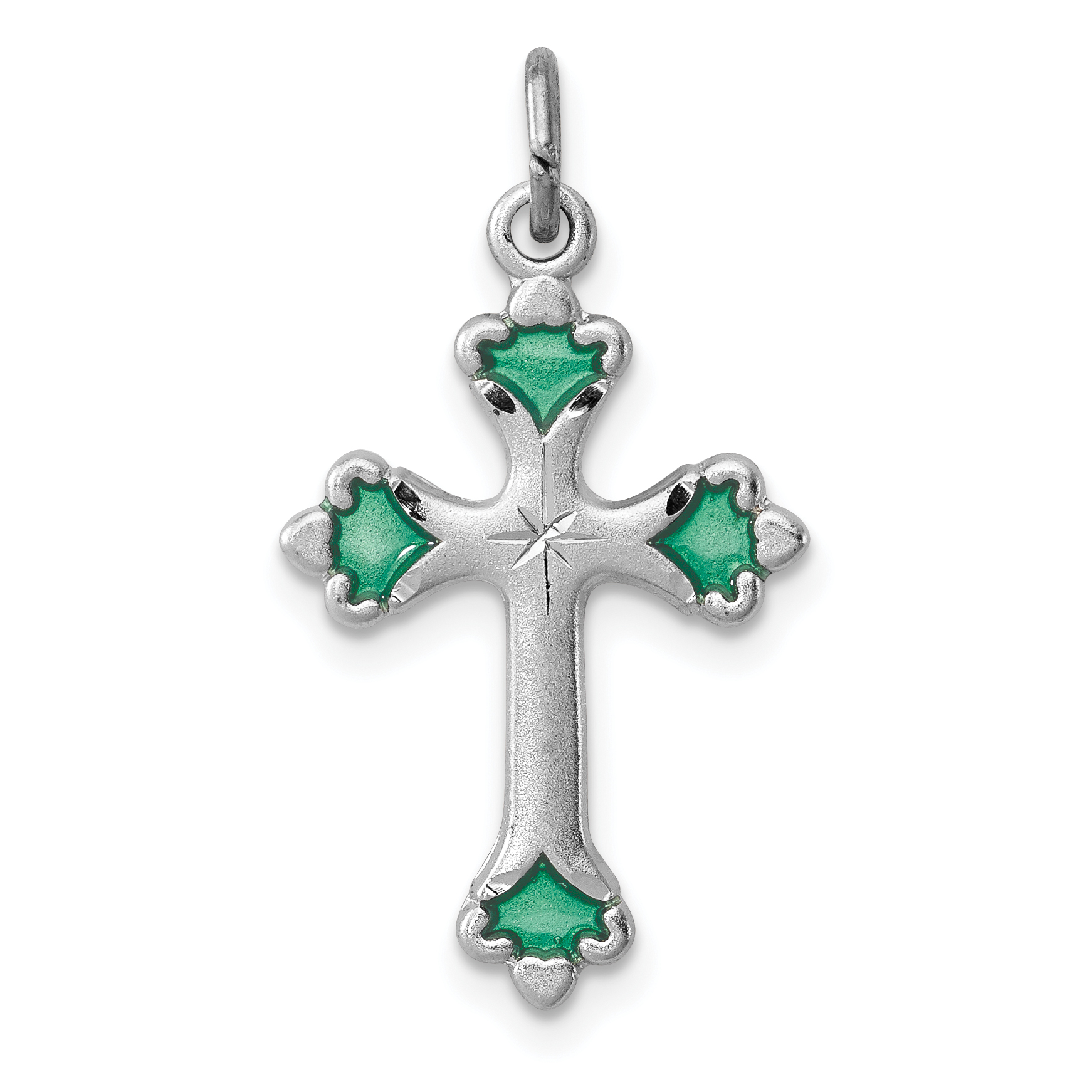 Sterling Silver Platinum-plated Green Enameled Budded Cross Charm (QC3342)