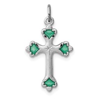 Sterling Silver Platinum-plated Green Enameled Budded Cross Charm view 1