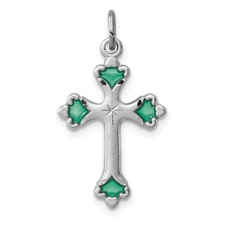 Sterling Silver Platinum-plated Green Enameled Budded Cross Charm