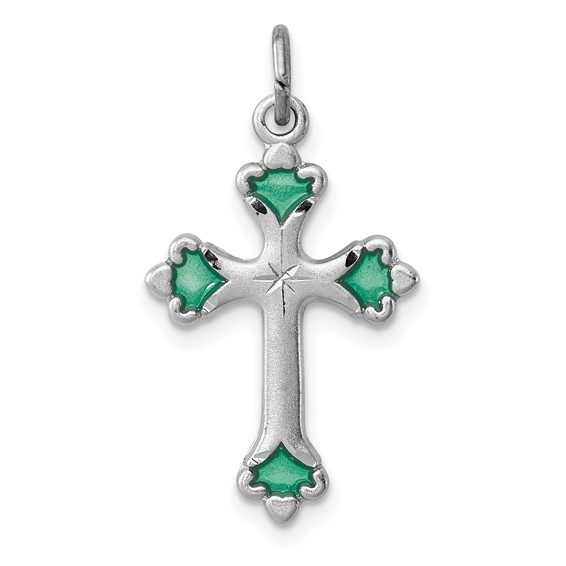 Sterling Silver Platinum-plated Green Enameled Budded Cross Charm