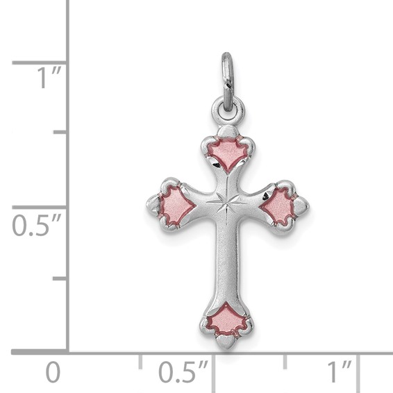 Sterling Silver Platinum-plated Pink Enameled Budded Cross Charm