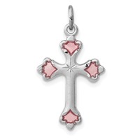 Sterling Silver Platinum-plated Pink Enameled Budded Cross Charm view 1
