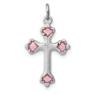 Sterling Silver Platinum-plated Pink Enameled Budded Cross Charm