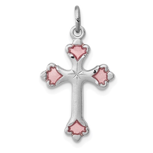 Sterling Silver Platinum-plated Pink Enameled Budded Cross Charm