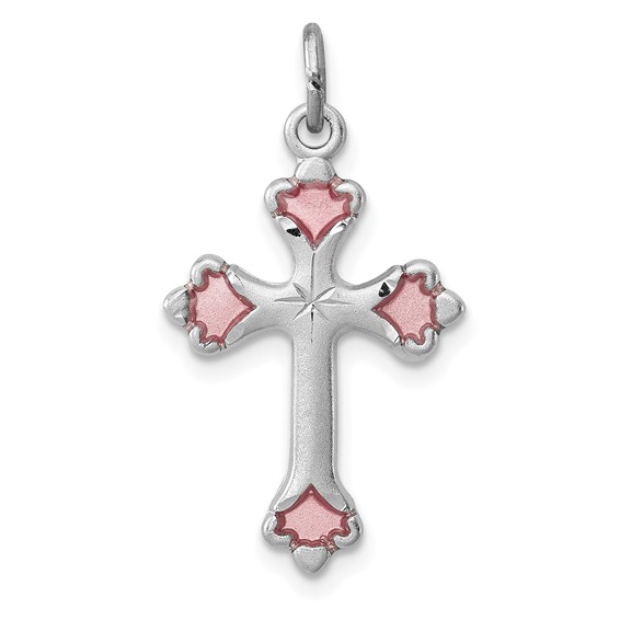 Sterling Silver Platinum-plated Pink Enameled Budded Cross Charm