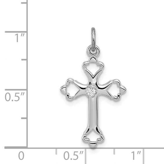 Sterling Silver Platinum-plated Budded Cross w/CZ Charm