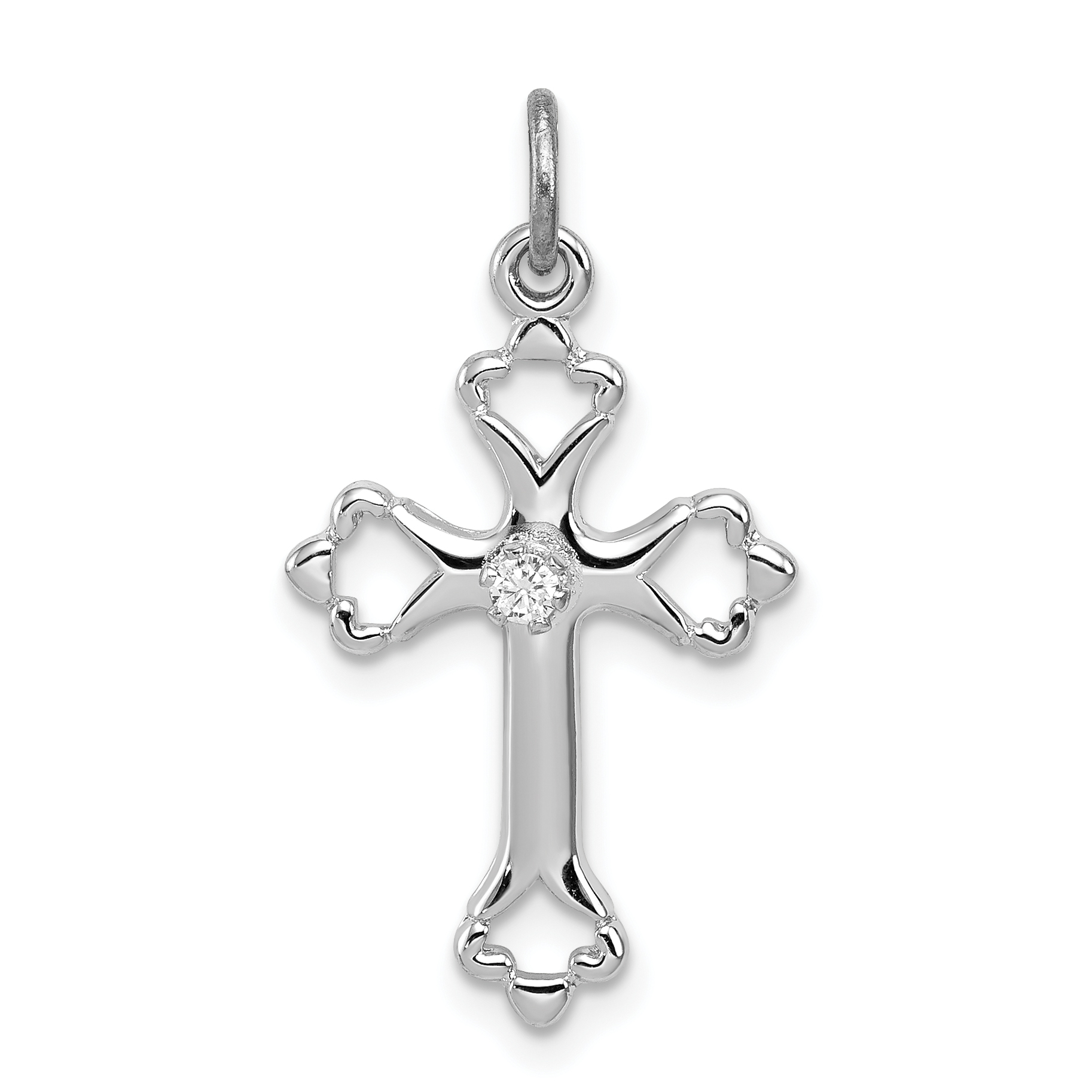 Sterling Silver Platinum-plated Budded Cross w/CZ Charm (QC3344)
