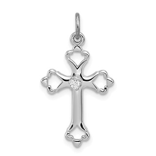 Sterling Silver Platinum-plated Budded Cross w/CZ Charm
