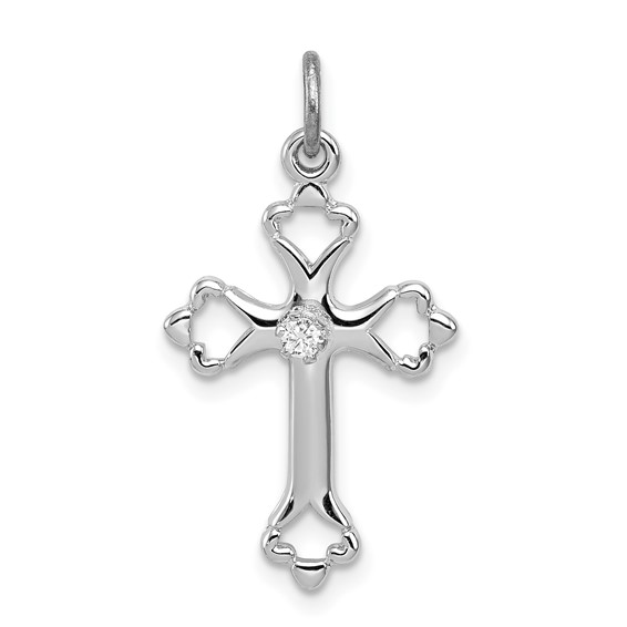 Sterling Silver Platinum-plated Budded Cross w/CZ Charm