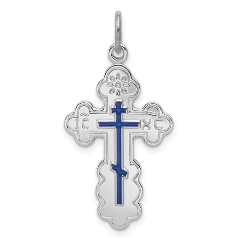 Sterling Silver Platinum-plated Eastern Orthodox Blue Enamel Cross Pendant