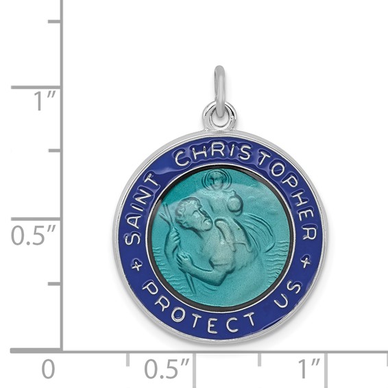 Sterling Silver Platinum-plated Enameled St. Christopher Medal