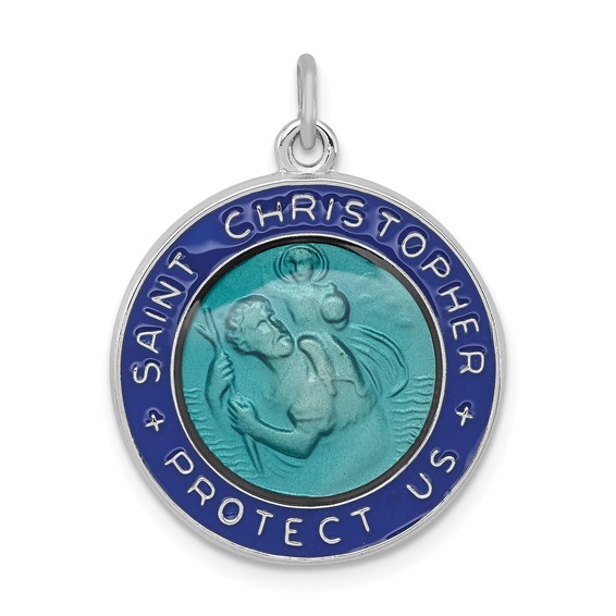 Sterling Silver Platinum-plated Enameled St. Christopher Medal
